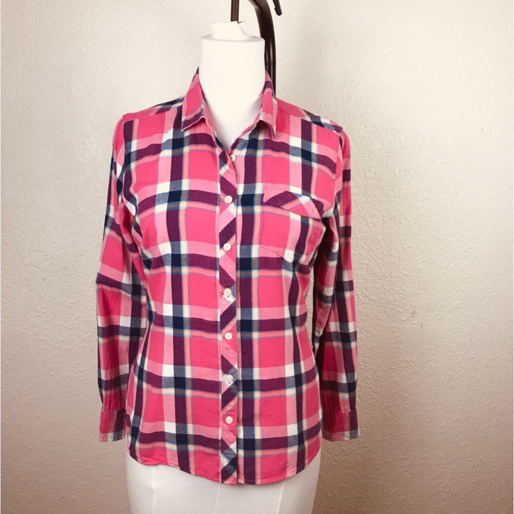 Eddie Bauer  Blouse Size M Womens Cowgirl Button Down Soft PinkBlue Plaid Cotton